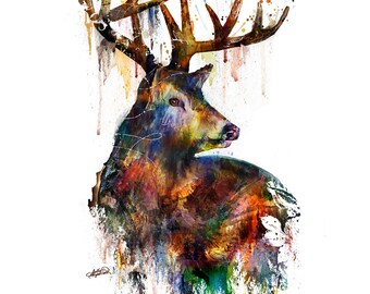 Deer Stag Mixed Media Watercolor Painting Double Exposure Landscape Wall Decor I Art Print, Canvas, or Metal I Wildlife Art