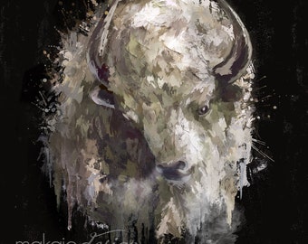Fierce White Bison American Buffalo Contemporary Painting Wall Decor I Art Print, Ready to Hang Canvas, or Metal I Available in Large