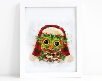 Christmas Owl Watercolor Painting Printable Christmas Wall Art I Instant Digital Download