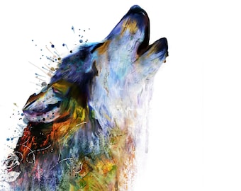 Howling Wolf Wall Art, Colorful Mixed Media Wolf Print, Bold Wildlife Decor, Vibrant Animal Painting, Nature Spirit Artwork