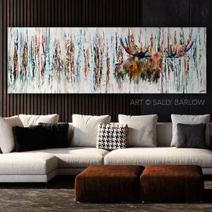 Abstract Aspen + Moose Panorama Mixed Media Painting Birch Tree Wall Decor I Art Print, Canvas, or Metal I Available in Large I Wildlife Art