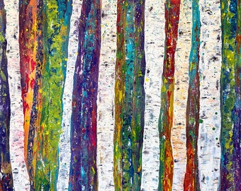 Rainbow Aspen Birch Tree Mixed Media Contemporary Painting Wall Decor I Art Print, Ready to Hang Canvas, or Metal I Available in Large Size