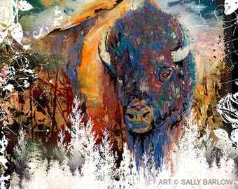 Bison Wall Art, American Buffalo Print, Rustic Wildlife Decor, Western Art Print, Mixed Media Artwork