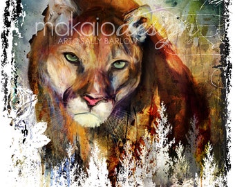 Galactic Puma Cougar Mountain Lion Cosmic Animal Art Print from Watercolor Painting