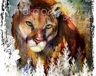 Puma Mountain Lion Cougar Mixed Media Painting Wall Decor I Art Print, Ready to Hang Canvas, or Metal I Available in Large I Wildlife Art