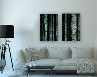 Set of 2 Customize Initials Etched in Heart, Personalized Aspen Tree Illustration Art Set