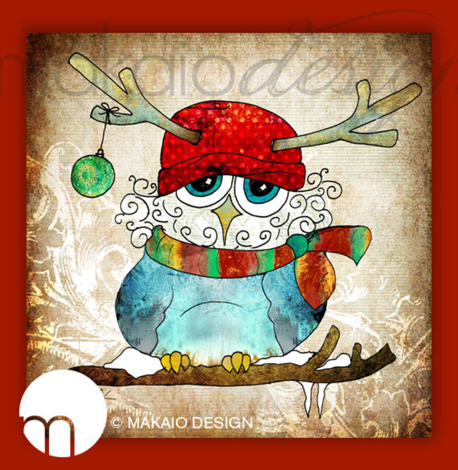 Christmas Owl Whimsical Owl Owl Art Whimsical Owl Etsy