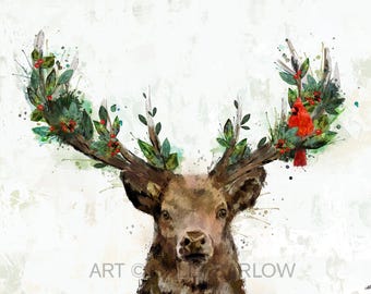 Holiday Christmas Deer with Cardinal Painting Wall Art in Art Print, Canvas, or Metal