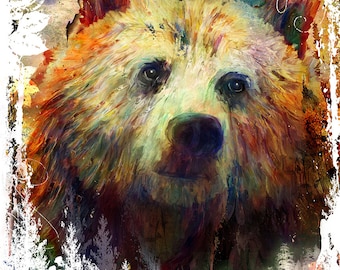 Grizzly Bear Painting Mixed Media Watercolor Double Exposure Wall Decor I Art Print, Canvas, or Metal I Available in Large I Wildlife Art