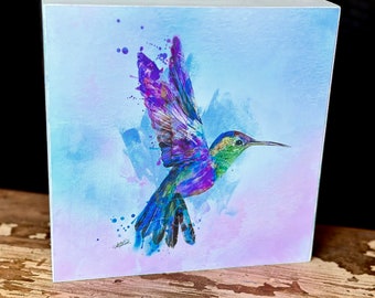 7.75 x 7.75 Colorful Hummingbird Art on White wood block