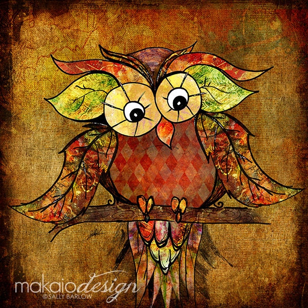 WHIMSICAL Fall Leaf Owl "Harvest Hoot" Art Canvas