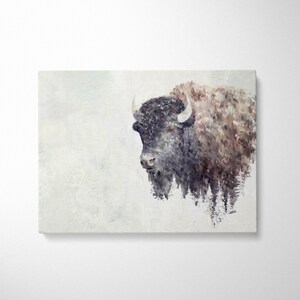 May include: A watercolor painting of a bison with a brown and black coat. The bison is facing to the left and its head is turned slightly to the right. The background is a light gray color with a subtle texture.