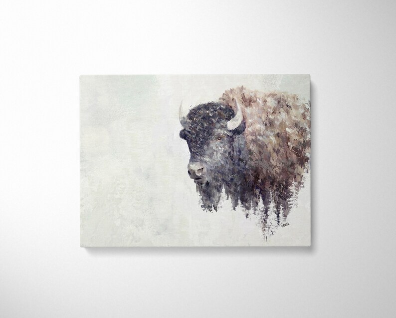 May include: A watercolor painting of a bison with a brown and black coat. The bison is facing to the left and its head is turned slightly to the right. The background is a light gray color with a subtle texture.