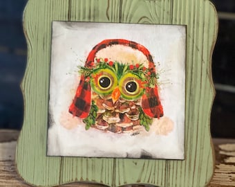 Christmas Figgy Pinecone Owl art with Buffalo Check Hat