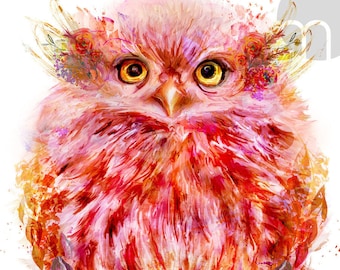 Adorable Owl Painting "Coral" Mixed Media Wall Decor Art Print, Canvas, or Metal