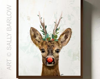 Red Nosed Baby Deer Holiday Christmas Painting Wall Art in Art Print, Canvas, or Metal