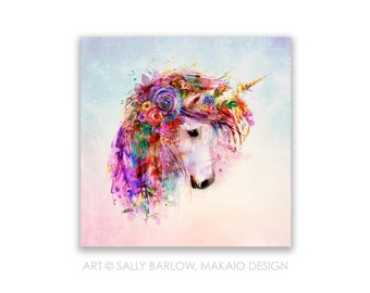 12x12 Square Art Print ~ Garden of the Wild Unicorn with watercolor background