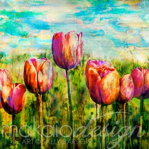 Tulip Painting Vibrant Color Mixed Media Art Print, Canvas, or Metal