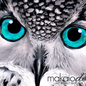 Owl Painting &quot;Aqua&quot; Black and White with Pop of Color Mixed Media Print, Canvas, or Metal