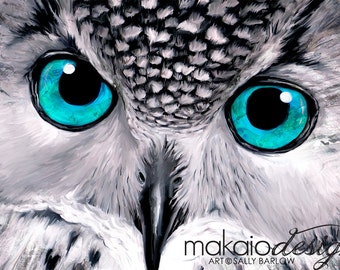 Owl Painting "Aqua" Black and White with Pop of Color Mixed Media Print, Canvas, or Metal