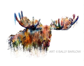 Moose Wall Art Print, Watercolor Moose Painting, Wildlife Decor, Mixed Media Animal Art, Rustic Lodge Art
