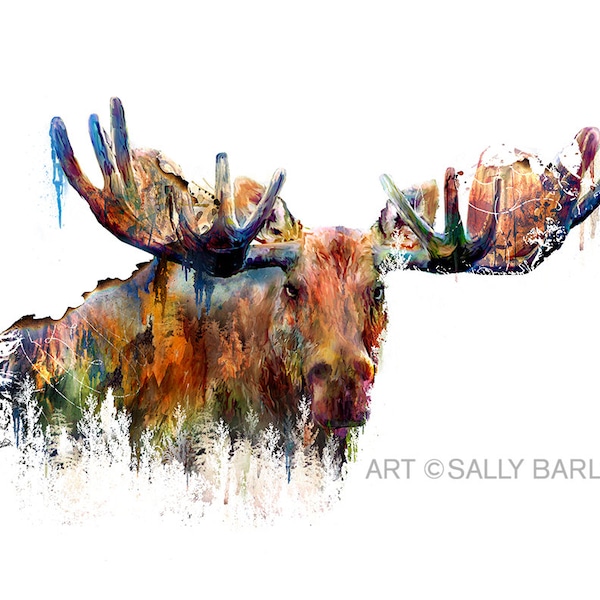 Moose Painting Mixed Media Watercolor Double Exposure Wall Decor I Art Print, Canvas, or Metal I Available in Large I Wildlife Art