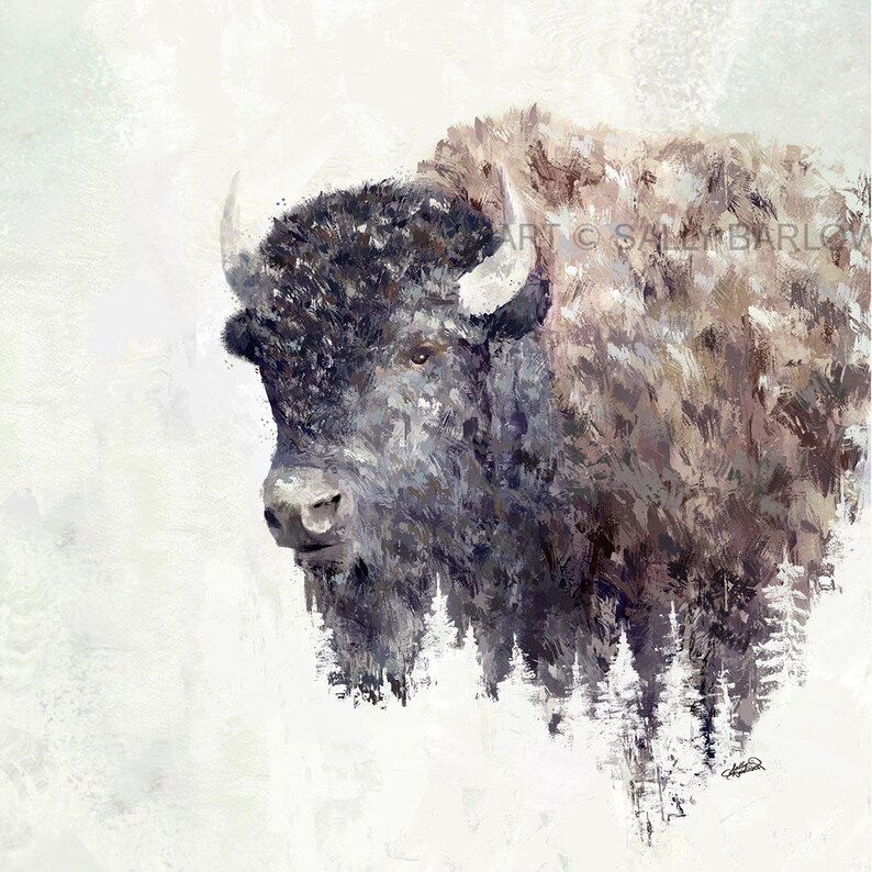 May include: A painting of a brown and black bison with a white background. The bison's head is turned to the left, and its fur is painted in a textured style. The bison's horns are visible, and its eyes are closed. The background is a light gray color, and there are some faint lines that suggest a forest.
