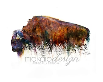 Grand Tetons Bison American Buffalo Buffalo Mixed Media Watercolor Painting Double Exposure Landscape Wall Decor Art Print I Canvas I Metal