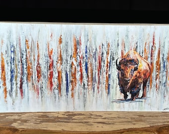 16" x 8" American Buffalo Bison with Birch Trees on Wood