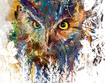 Great Horned Owl Wall Art, Owl Print Watercolor Style, Wildlife Decor, Mixed Media Bird Art, Nature Wall Decor