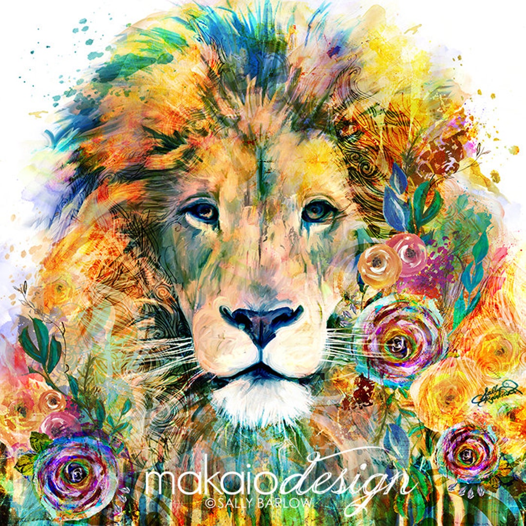 Bright Colorful Lion Flower Painting Mixed Media Wall