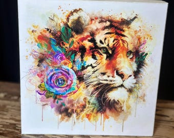 7.75" x 7.75" Garden of the Wild Tiger on wood block