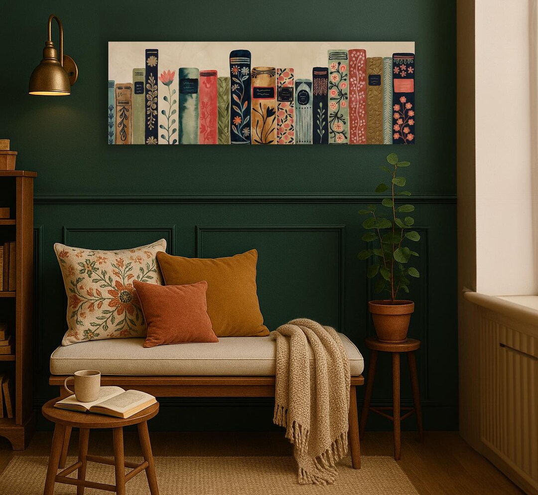 Vintage Book Lover Art • Floral Bookshelf Print • Reading Nook Wall Art ...