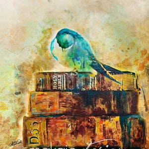 Oiseau priant sur des livres de la Bible techniques mixtes peinture aquarelle décoration murale I impression d'art, toile ou métal I disponible en grand I art chrétien