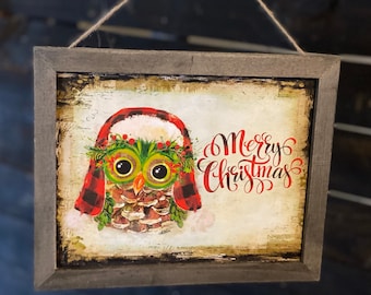 Merry Christmas Figgy Owl Art Sign with jute twine