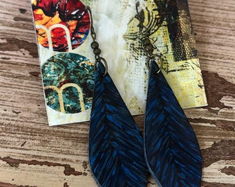 Hand-Painted Blue Metallic Feather Leather Earrings - 4" Drop, Boho Chic