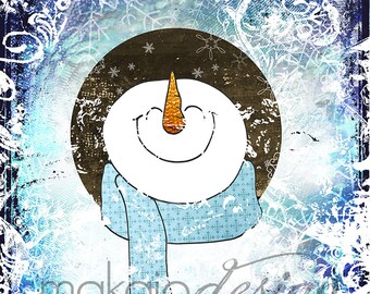 Whimsical Snowman, Cheerful Snowman, Snowman Art, Mixed Media Gallery Wrapped Canvas