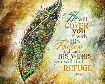 He is my Refuge Feather Art, Bible Verse Scripture Art, Gallery Canvas Wrap or Print