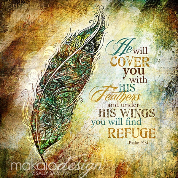 He is my Refuge Feather Art, Bible Verse Scripture Art, Gallery Canvas Wrap or Print