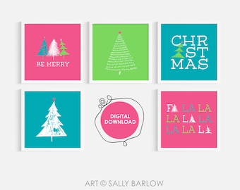Gallery Set of 5 Whimsical Christmas Prints | Printable Home Decor | Modern Christmas Wall Art | Unique Square Orientation