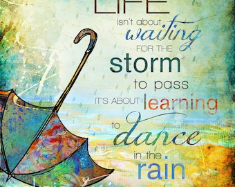 Dance in the Rain Wall Art, Whimsical Girl Art Print, Mixed Media Rain Painting, Joyful Wall Decor, Inspirational Art