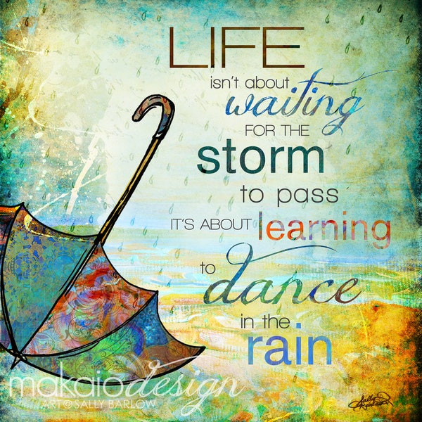 Whimsical "Dance In The Rain" Mixed Media Painting/Illustration Print, Canvas, or Metal