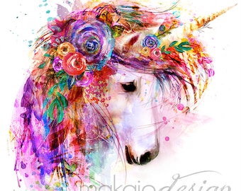 Bright Colorful Unicorn Flower Painting Mixed Media Wall Art Print