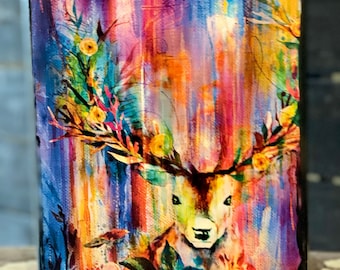 6.75" x 9.75" Colorful Deer on distressed black wood frame