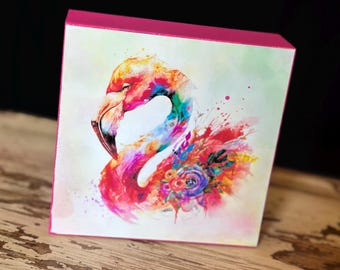 5" x 5" Garden of the Wild Flamingo on Pink wood block