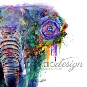 Bright Colorful Elephant Flower Art Mixed Media Watercolor Painting Wall Decor I Art Print, Canvas, or Metal I Animal Art