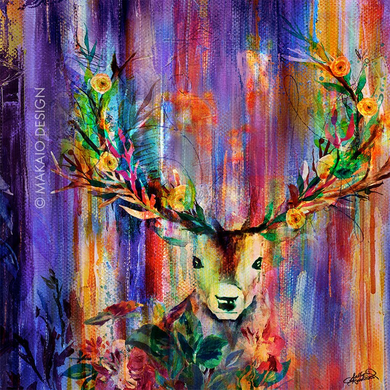 Bright Colorful Deer And Flower Painting Watercolor Background Mixed A Wall Art Print