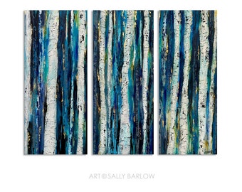 Original Aspen Birch Tree Mixed Media Painting "Sapphire Forest" Triptych Set of 3 on Canvas with Gold Flaking and textured trees
