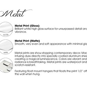 May include: Metal prints are available in two finishes: gloss and matte. Gloss prints have a brilliant white high gloss surface for unsurpassed detail and vibrance. Matte prints have a smooth, very even and soft appearance with minimal glare. Metal prints are show-stopping contemporary decor. Made by infusing dyes directly into specially coated aluminum sheets, creating a magical luminescence. Colors are vibrant and the radiance is breathtaking. Metal prints are waterproof and scratch-resistant. Featuring float mount hangers that floats the print 1/2" off the wall when hung.