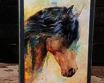 5x7 Praying Horse art with Distressed Wood Frame